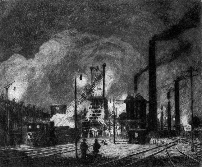 Heinrich Otto: Hüttenwerk bei Nacht, Radierung (ca. 1920)