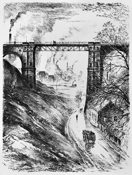 Willy Nus: Eisenbahnviadukt in Hörde, Lithographie  (o. J.)