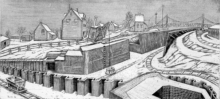 Theo Hölscher: Schleusenbau im Winter, Radierung (1932)
