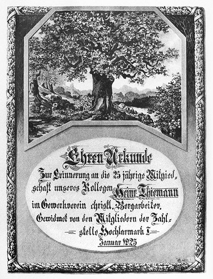 Ehrenurkunde des Gewerkvereins christl. Bergarbeiter (1925)